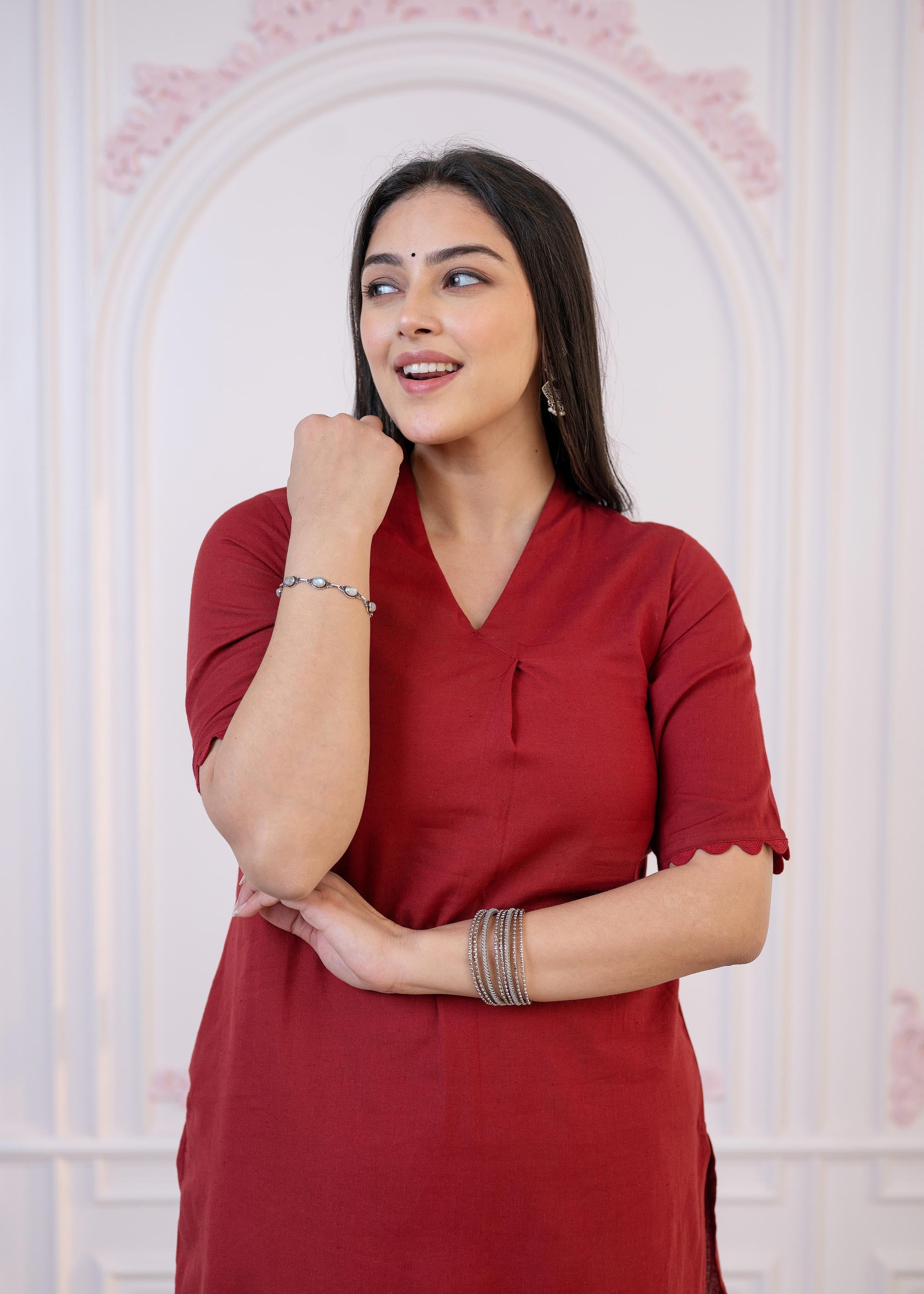 Juniper Maroon Cotton Linen Pleated Kurta-Pant Set With Cotton Lace