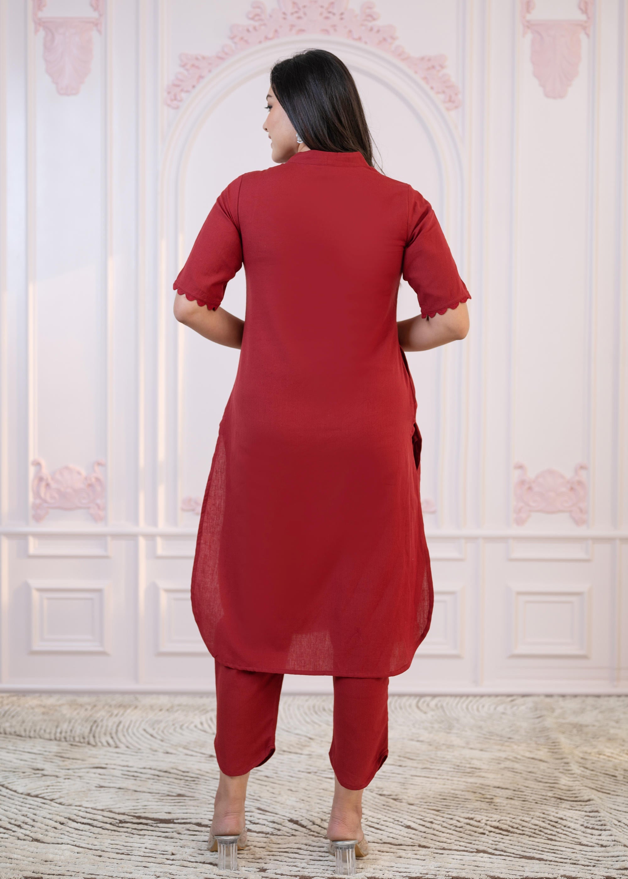 Juniper Maroon Cotton Linen Pleated Kurta-Pant Set with Cotton Lace - Distacart