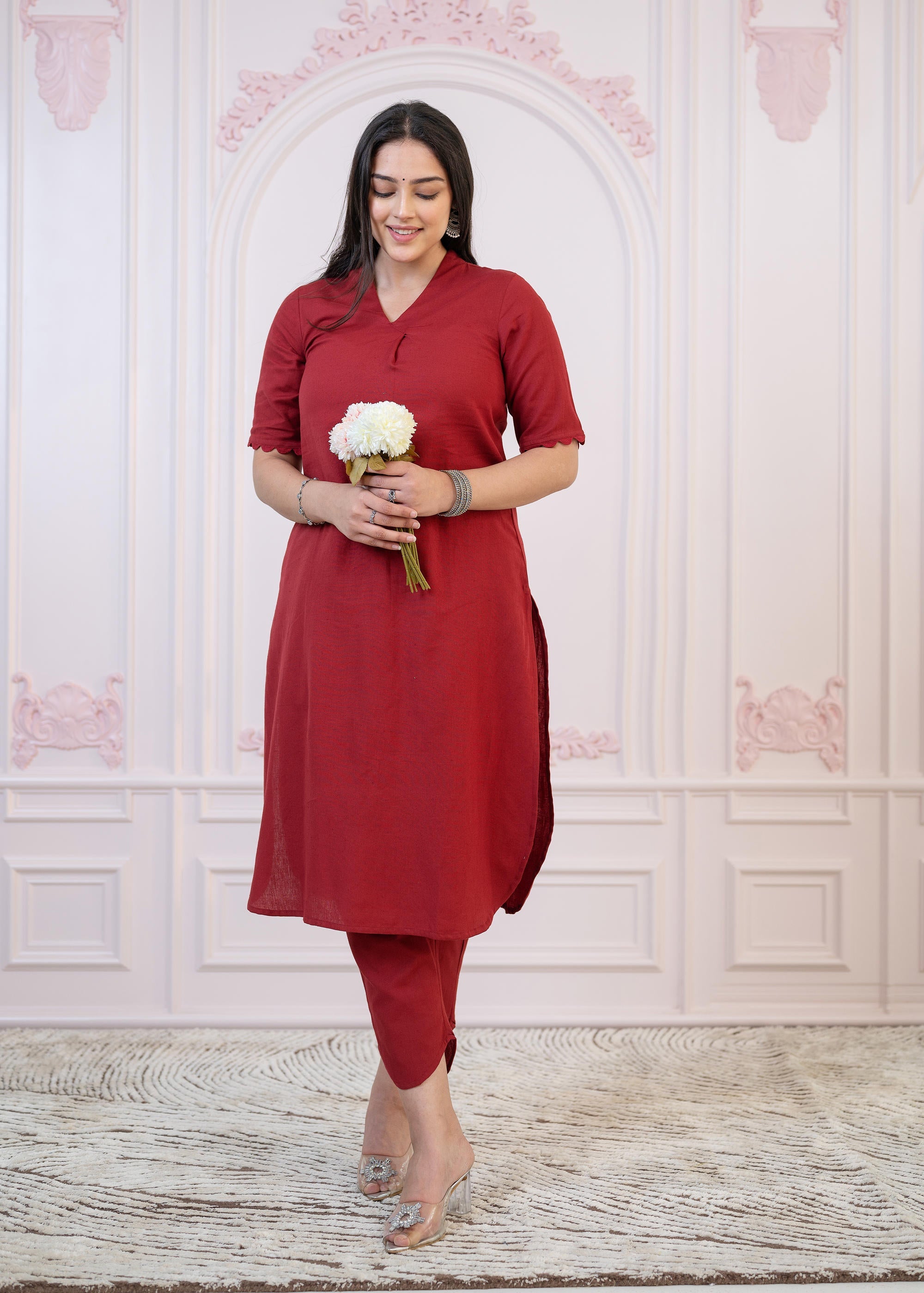Juniper Maroon Cotton Linen Pleated Kurta-Pant Set with Cotton Lace - Distacart