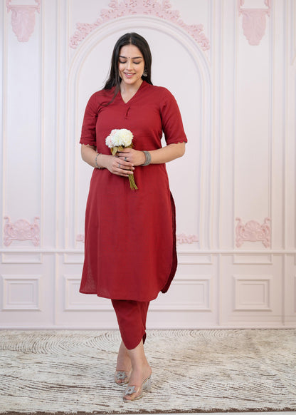Juniper Maroon Cotton Linen Pleated Kurta-Pant Set with Cotton Lace - Distacart