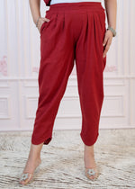 Thumbnail for Juniper Maroon Cotton Linen Pleated Kurta-Pant Set with Cotton Lace - Distacart