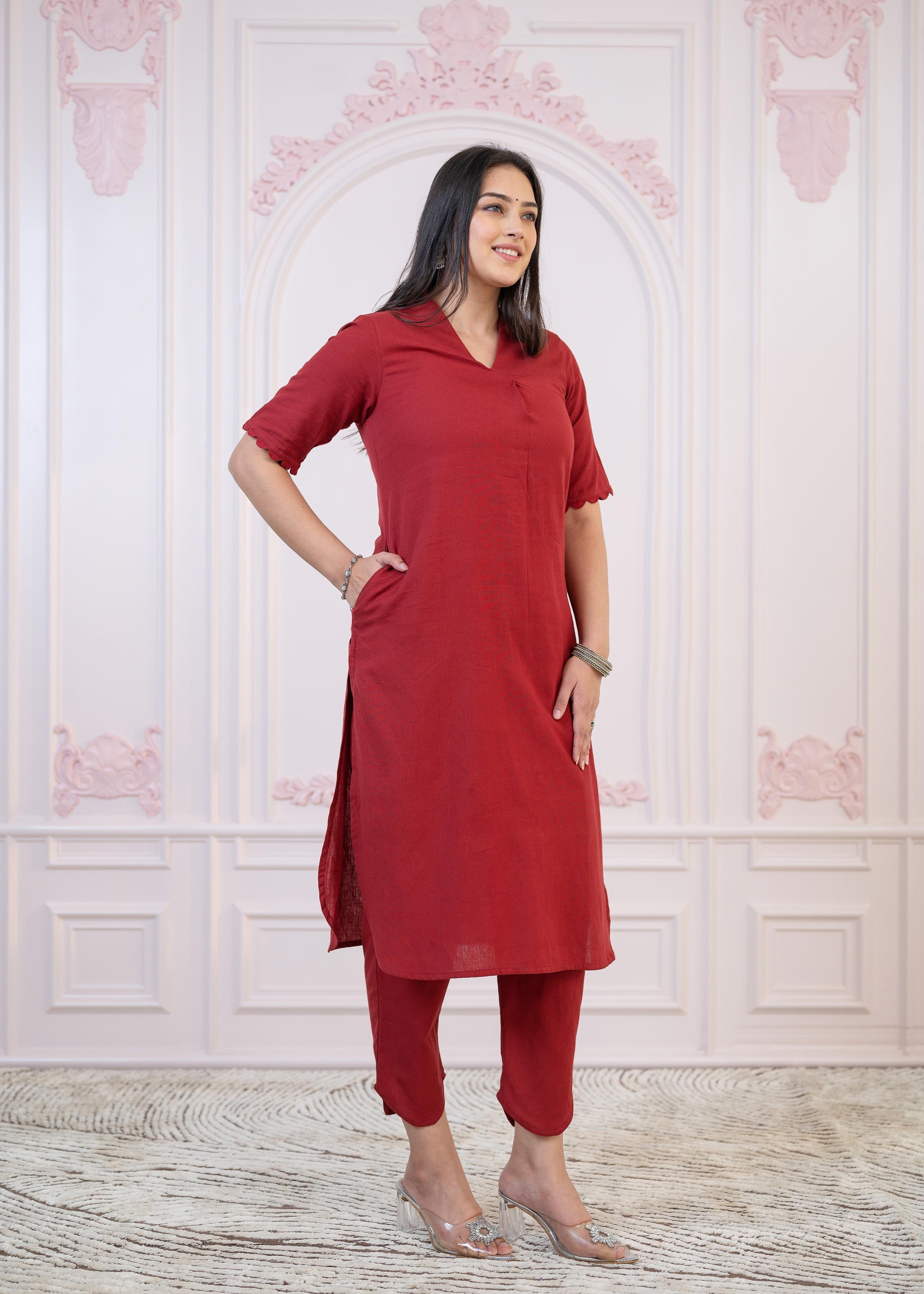 Juniper Maroon Cotton Linen Pleated Kurta-Pant Set with Cotton Lace - Distacart