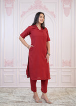 Thumbnail for Juniper Maroon Cotton Linen Pleated Kurta-Pant Set with Cotton Lace - Distacart