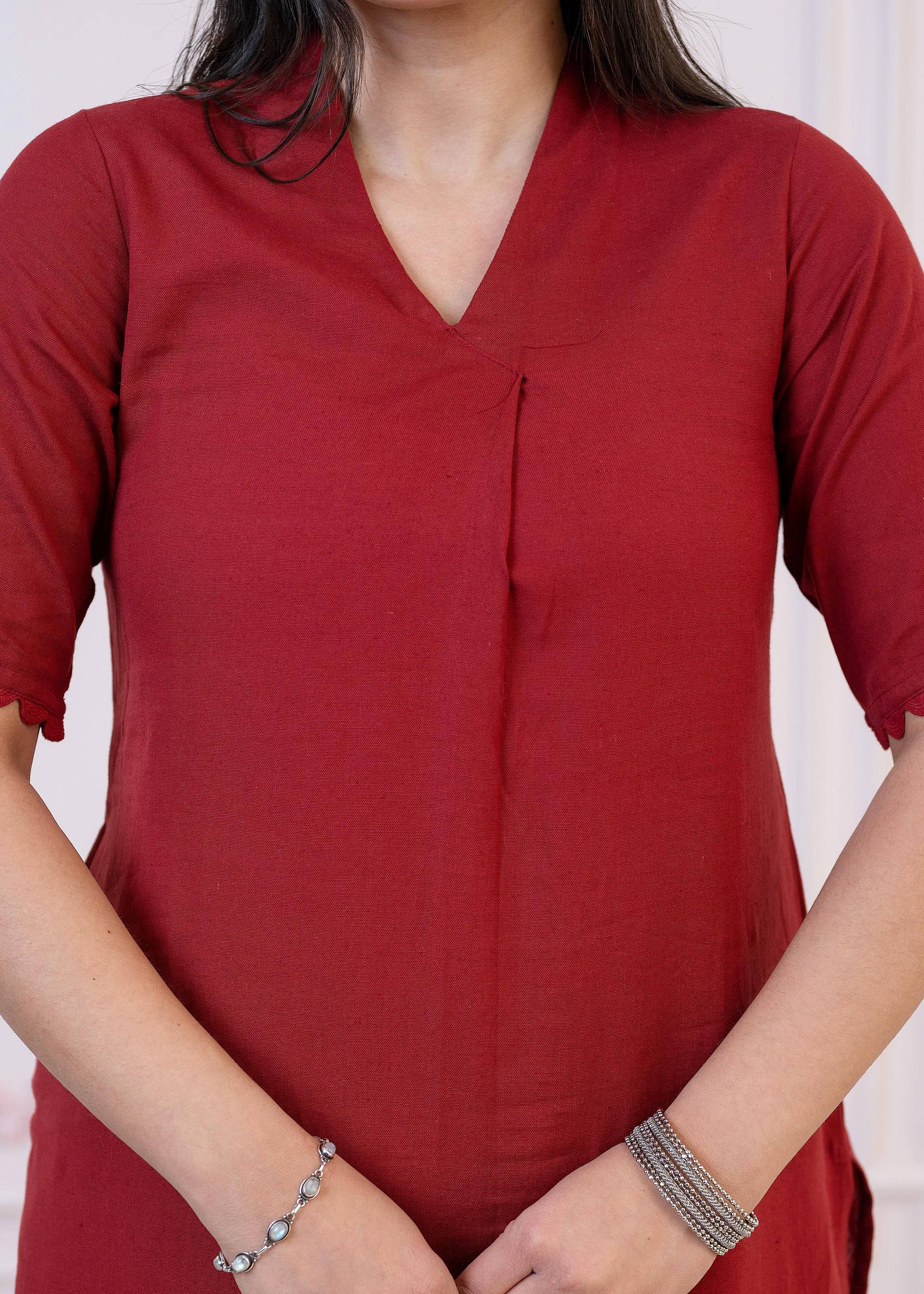 Juniper Maroon Cotton Linen Pleated Kurta-Pant Set with Cotton Lace - Distacart