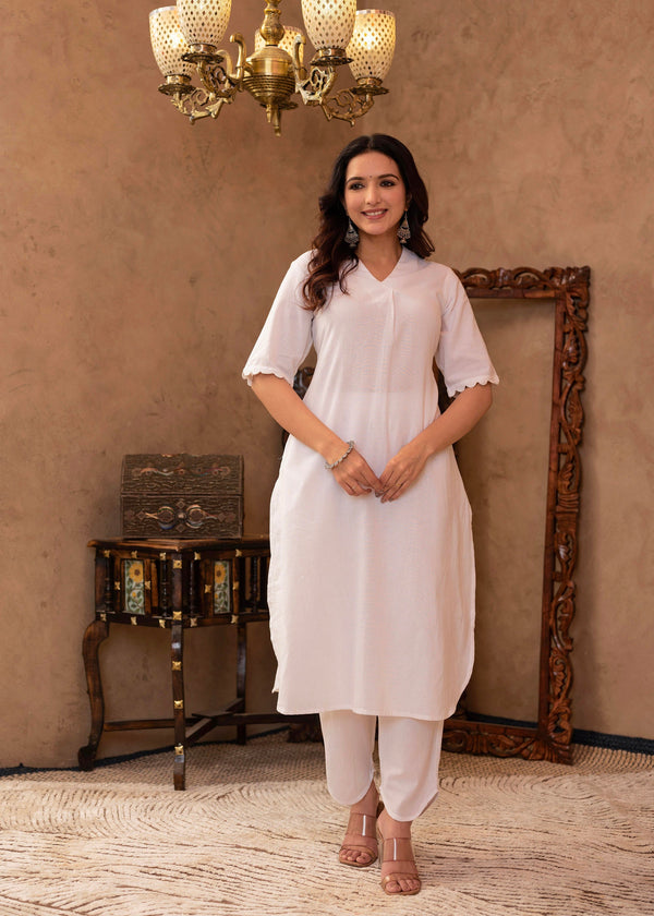 Juniper White Cotton Linen Pleated Kurta-Pant Set with Cotton Lace Detailing - Distacart