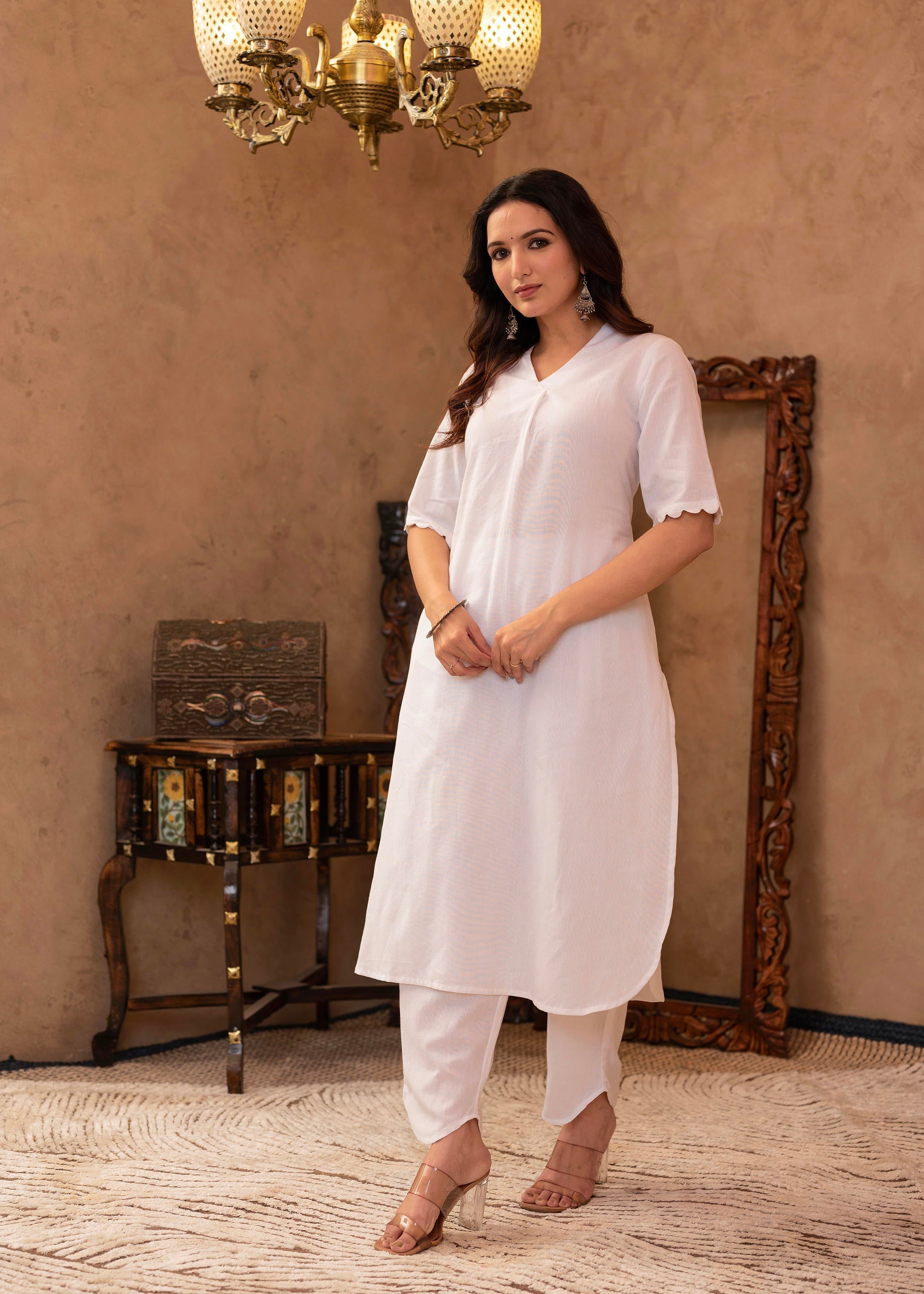 Juniper White Cotton Linen Pleated Kurta-Pant Set with Cotton Lace Detailing - Distacart
