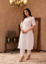 Thumbnail for Juniper White Cotton Linen Pleated Kurta-Pant Set with Cotton Lace Detailing - Distacart