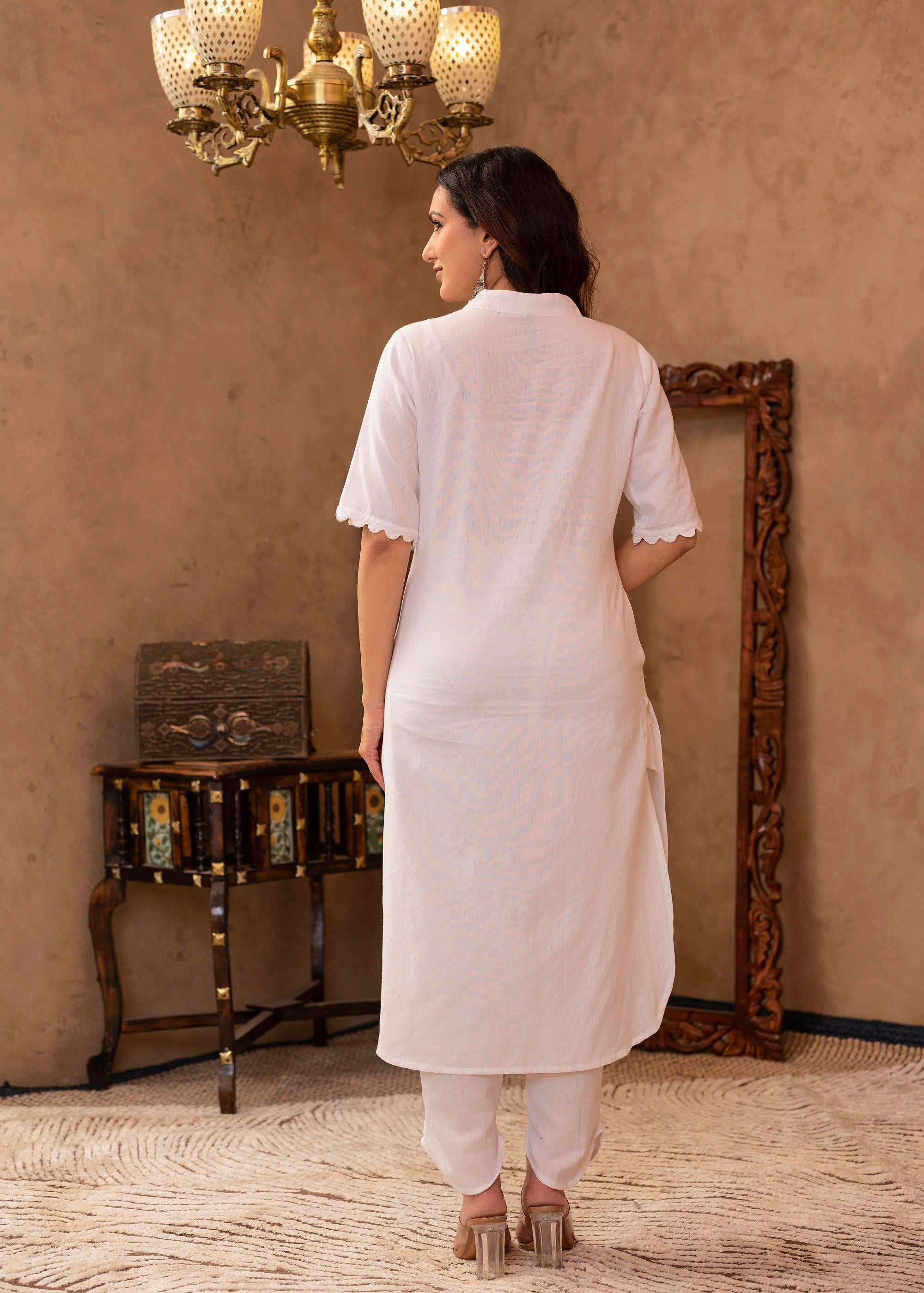 Juniper White Cotton Linen Pleated Kurta-Pant Set with Cotton Lace Detailing - Distacart
