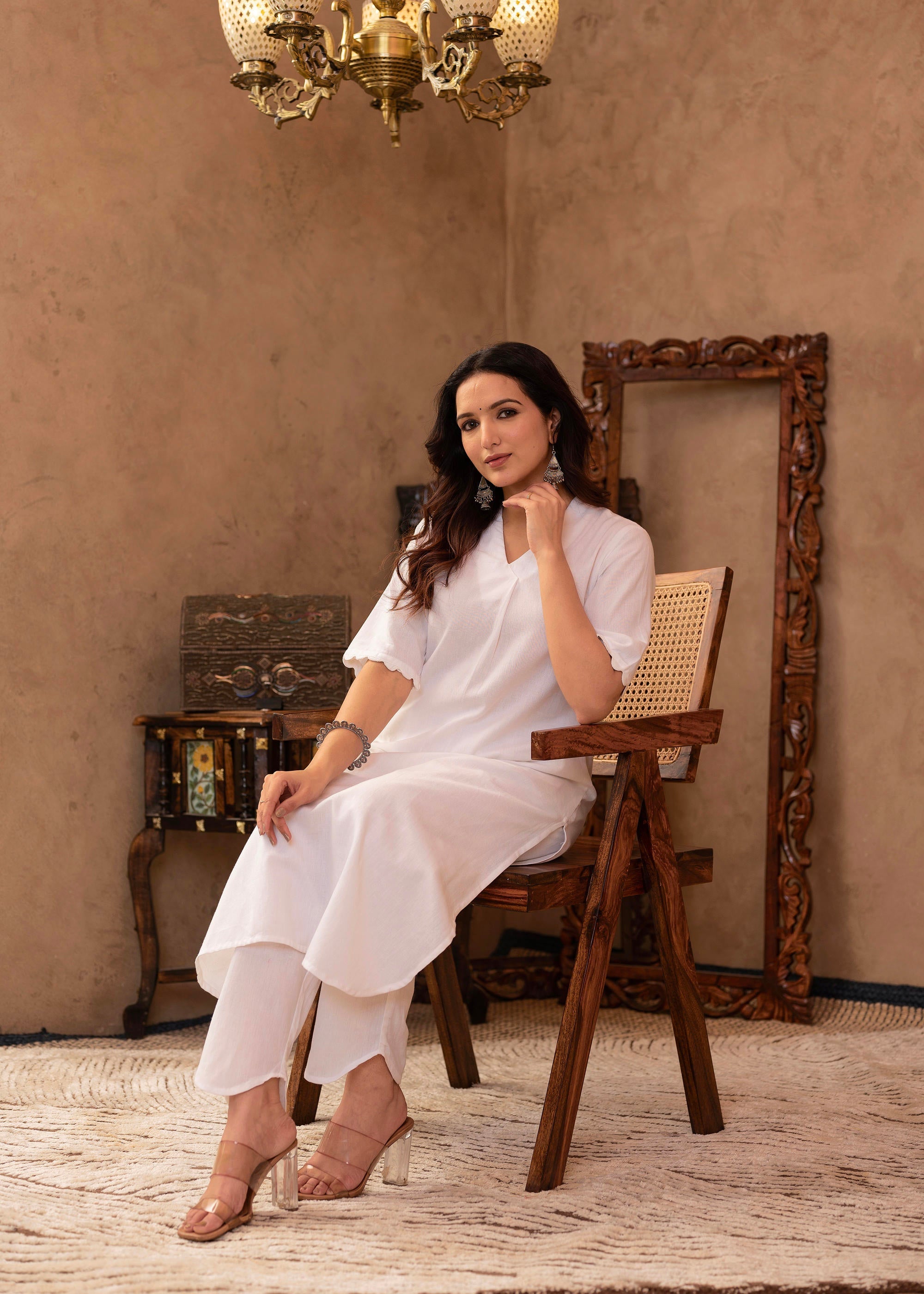 Juniper White Cotton Linen Pleated Kurta-Pant Set with Cotton Lace Detailing - Distacart