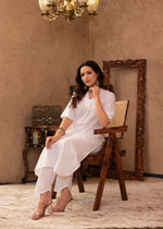 Thumbnail for Juniper White Cotton Linen Pleated Kurta-Pant Set with Cotton Lace Detailing - Distacart