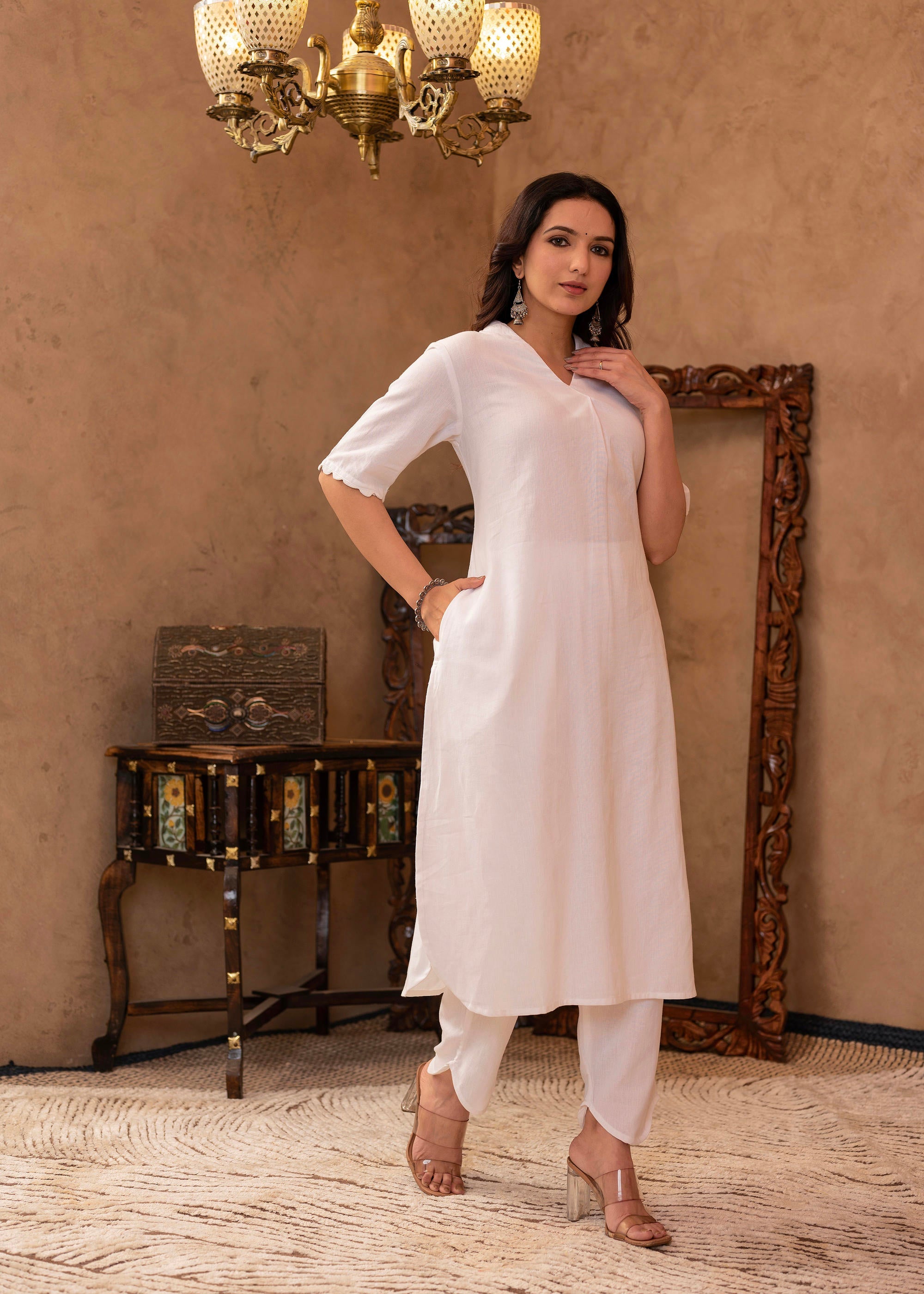 Juniper White Cotton Linen Pleated Kurta-Pant Set with Cotton Lace Detailing - Distacart