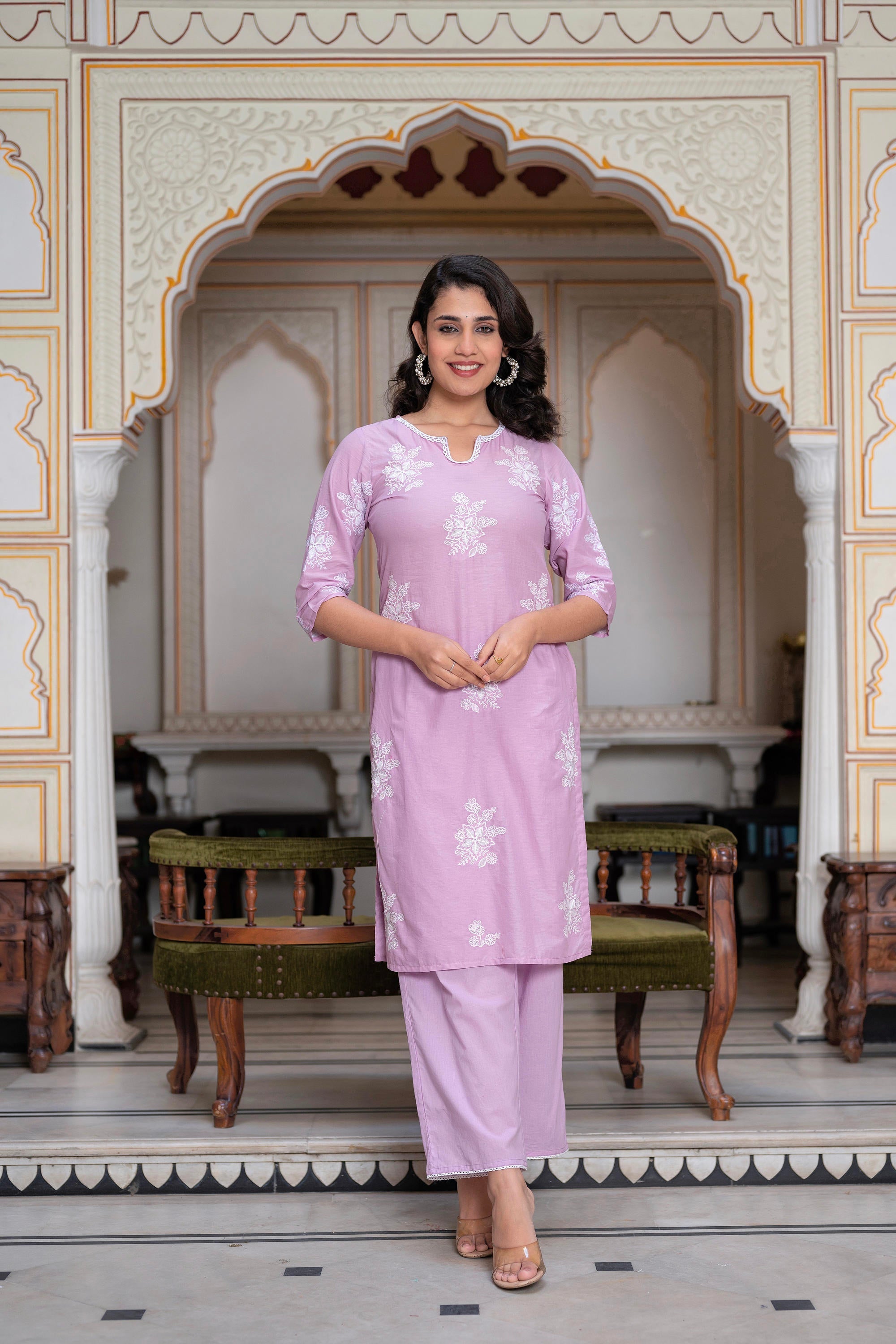 Juniper Lavender Floral Embroidered Cotton Slub Kurta with Palazzo & Hook Closure - Distacart