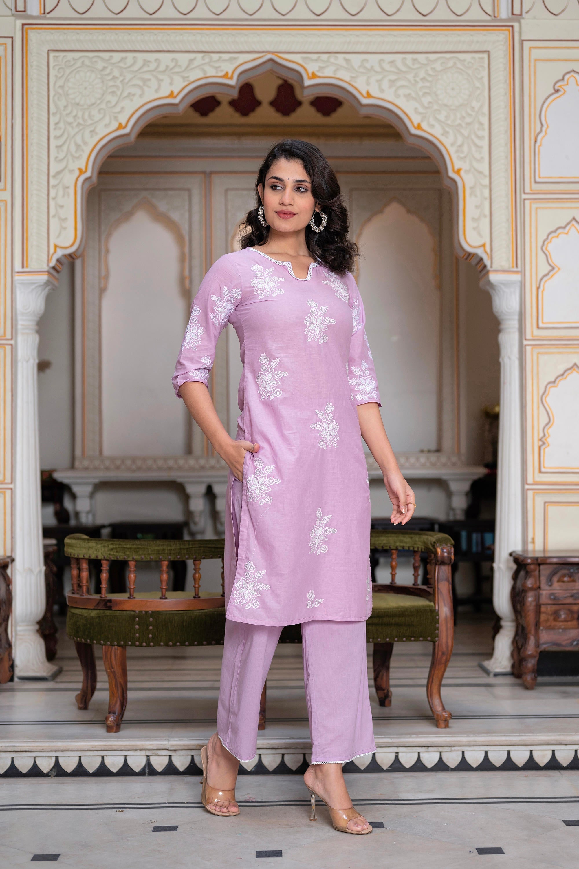 Juniper Lavender Floral Embroidered Cotton Slub Kurta With Palazzo & Hook Closure - Distacart
