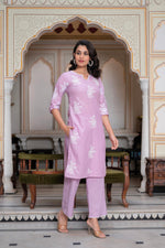 Thumbnail for Juniper Lavender Floral Embroidered Cotton Slub Kurta With Palazzo & Hook Closure - Distacart