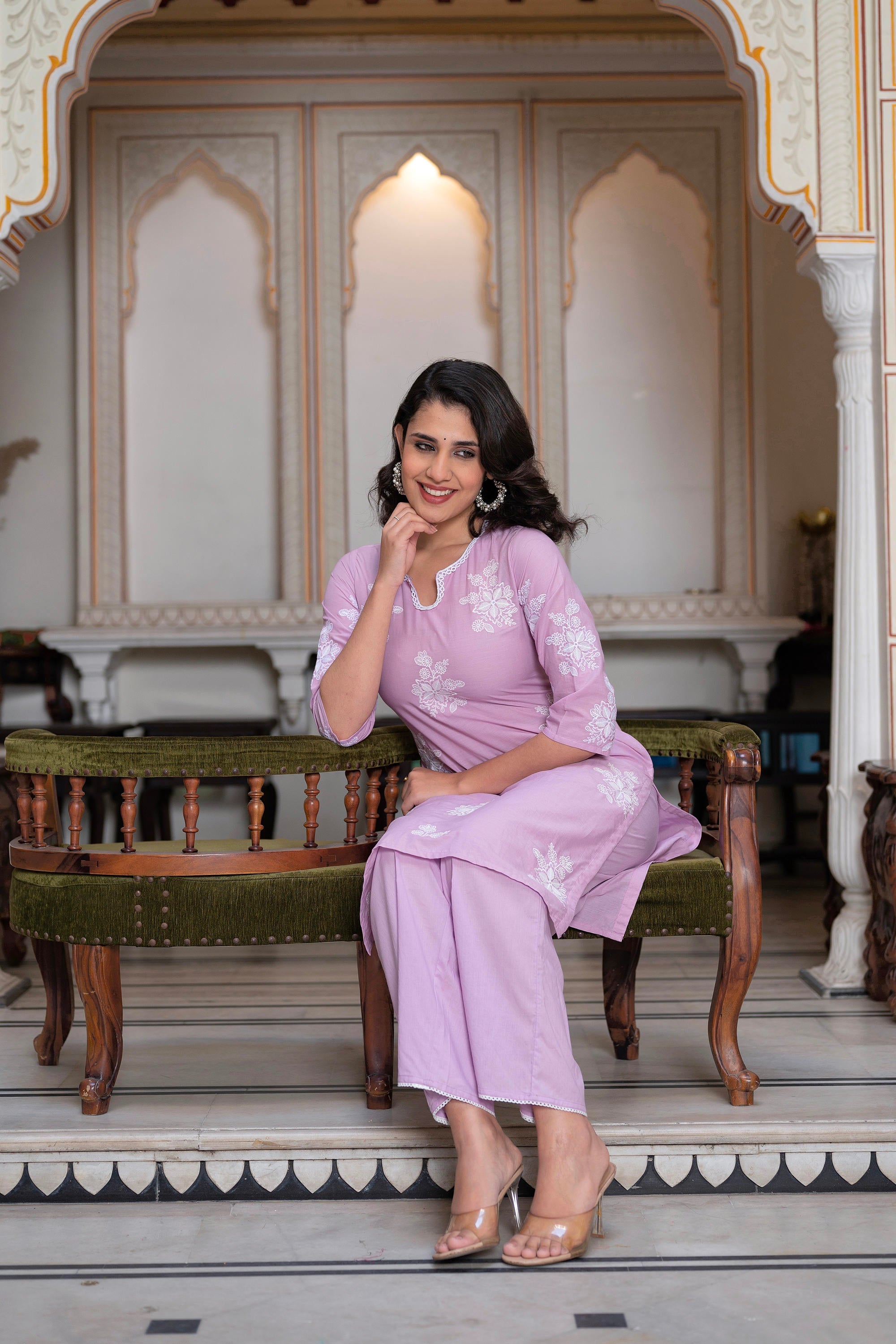 Juniper Lavender Floral Embroidered Cotton Slub Kurta With Palazzo & Hook Closure - Distacart