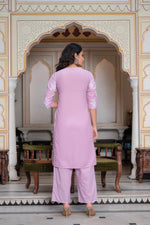 Thumbnail for Juniper Lavender Floral Embroidered Cotton Slub Kurta With Palazzo & Hook Closure - Distacart