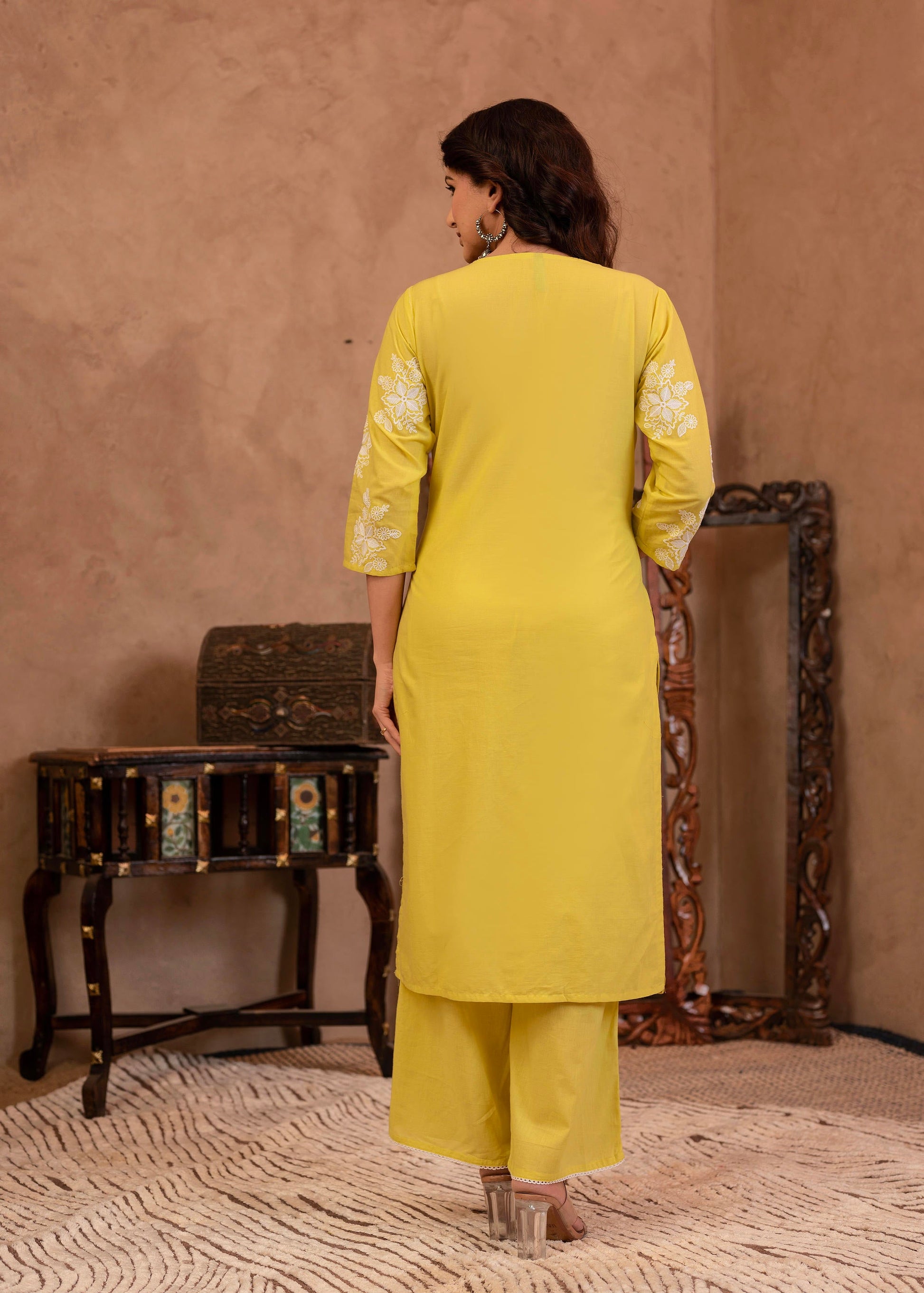 Juniper Lime Yellow Embroidered Cotton Slub Kurta with Palazzo & Thread Work - Distacart