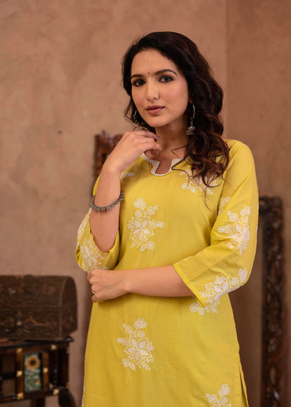 Juniper Lime Yellow Embroidered Cotton Slub Kurta with Palazzo & Thread Work - Distacart