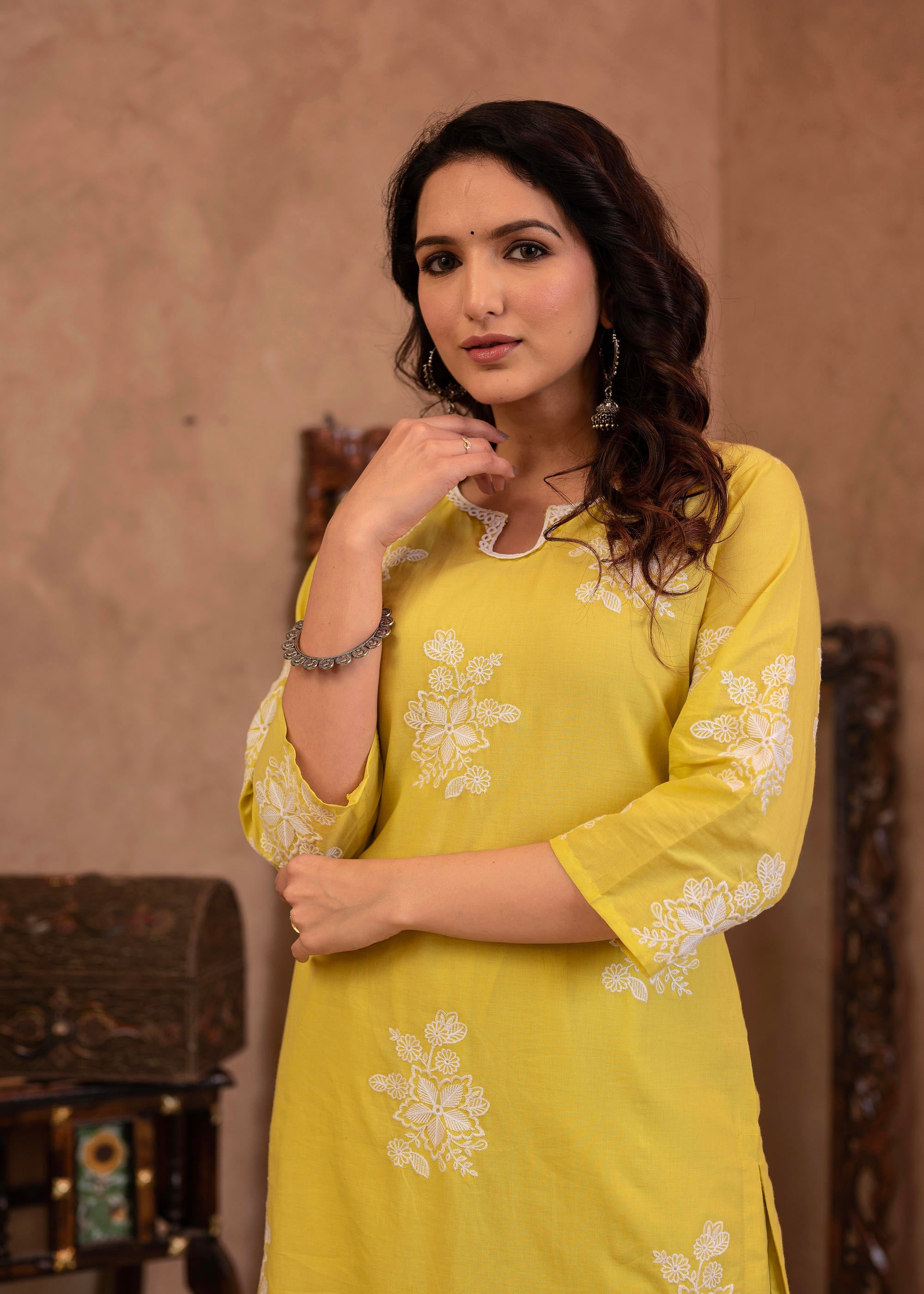 Juniper Lime Yellow Embroidered Cotton Slub Kurta With Palazzo & Thread Work