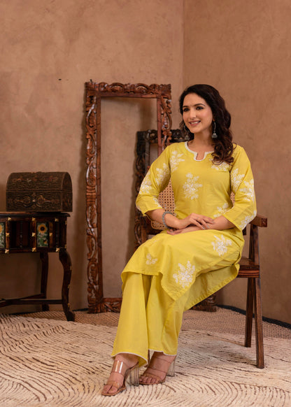 Juniper Lime Yellow Embroidered Cotton Slub Kurta with Palazzo & Thread Work - Distacart