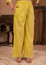 Thumbnail for Juniper Lime Yellow Embroidered Cotton Slub Kurta With Palazzo & Thread Work