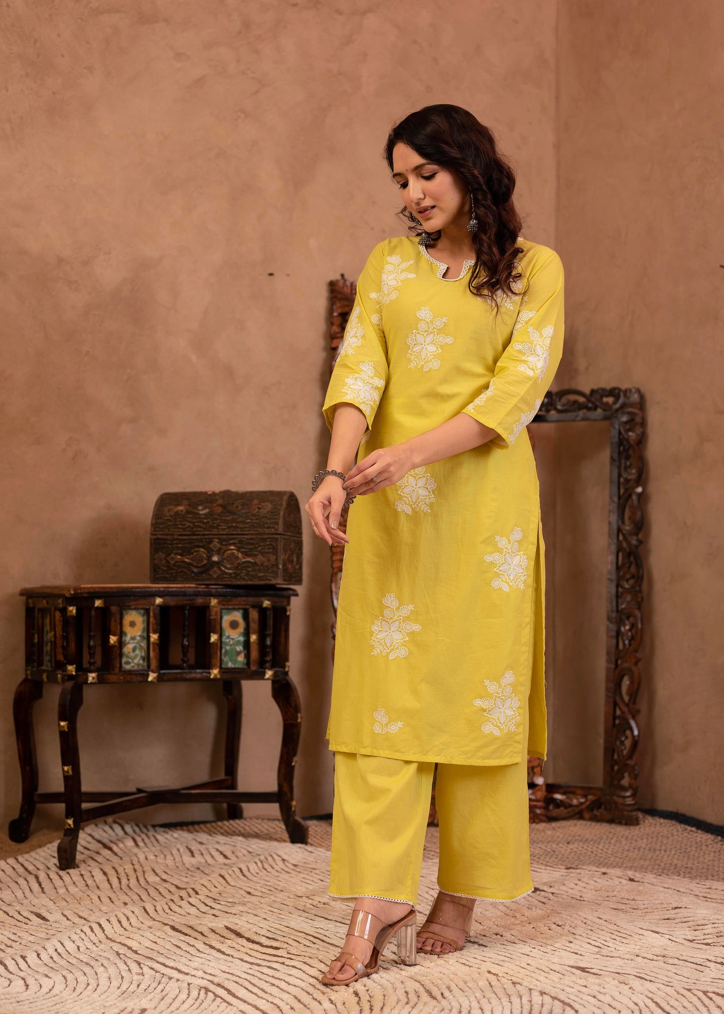 Juniper Lime Yellow Embroidered Cotton Slub Kurta with Palazzo & Thread Work - Distacart