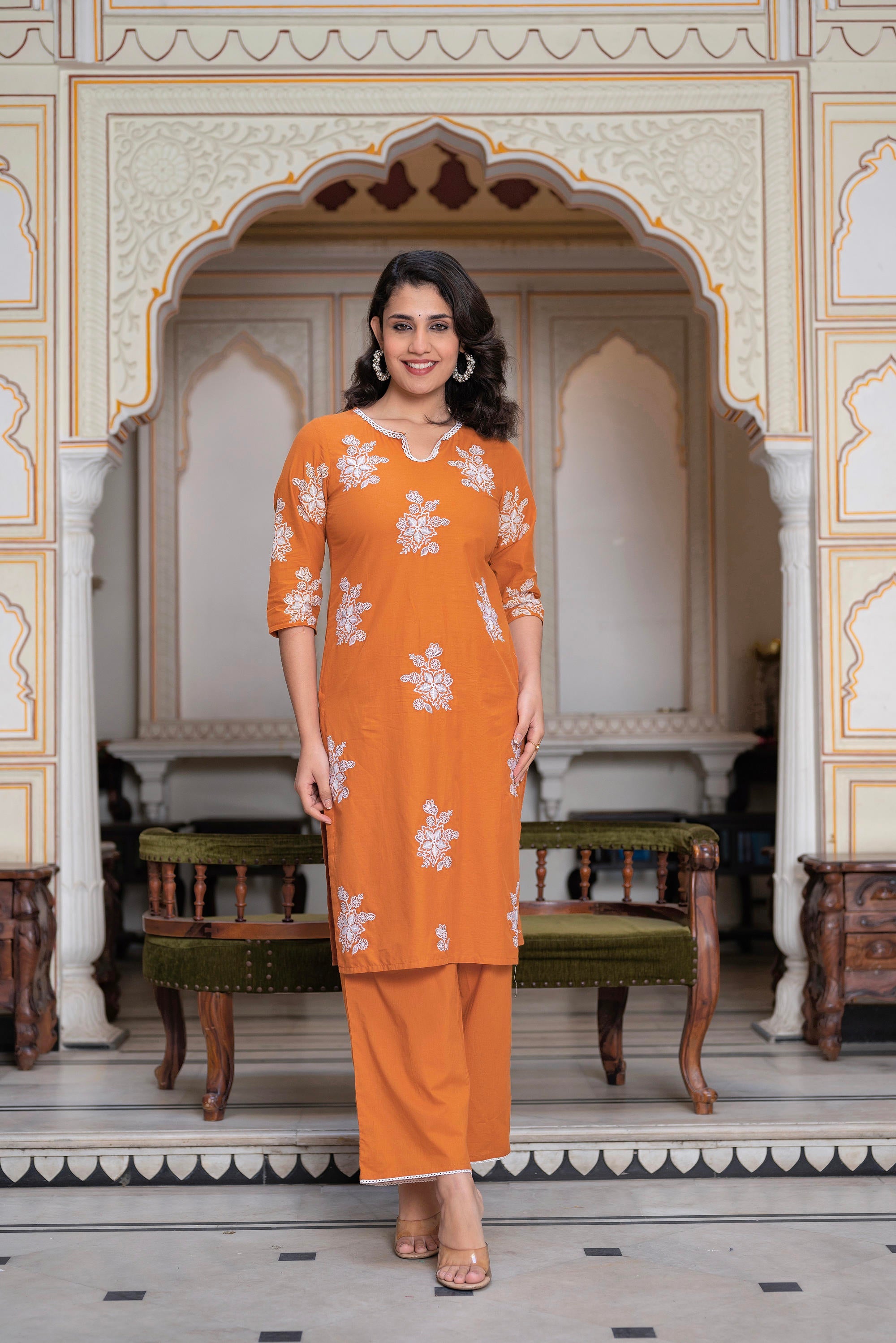 Juniper Rust Embroidered Cotton Slub Kurta-Palazzo Set with Thread Work & Cotton Lace - Distacart