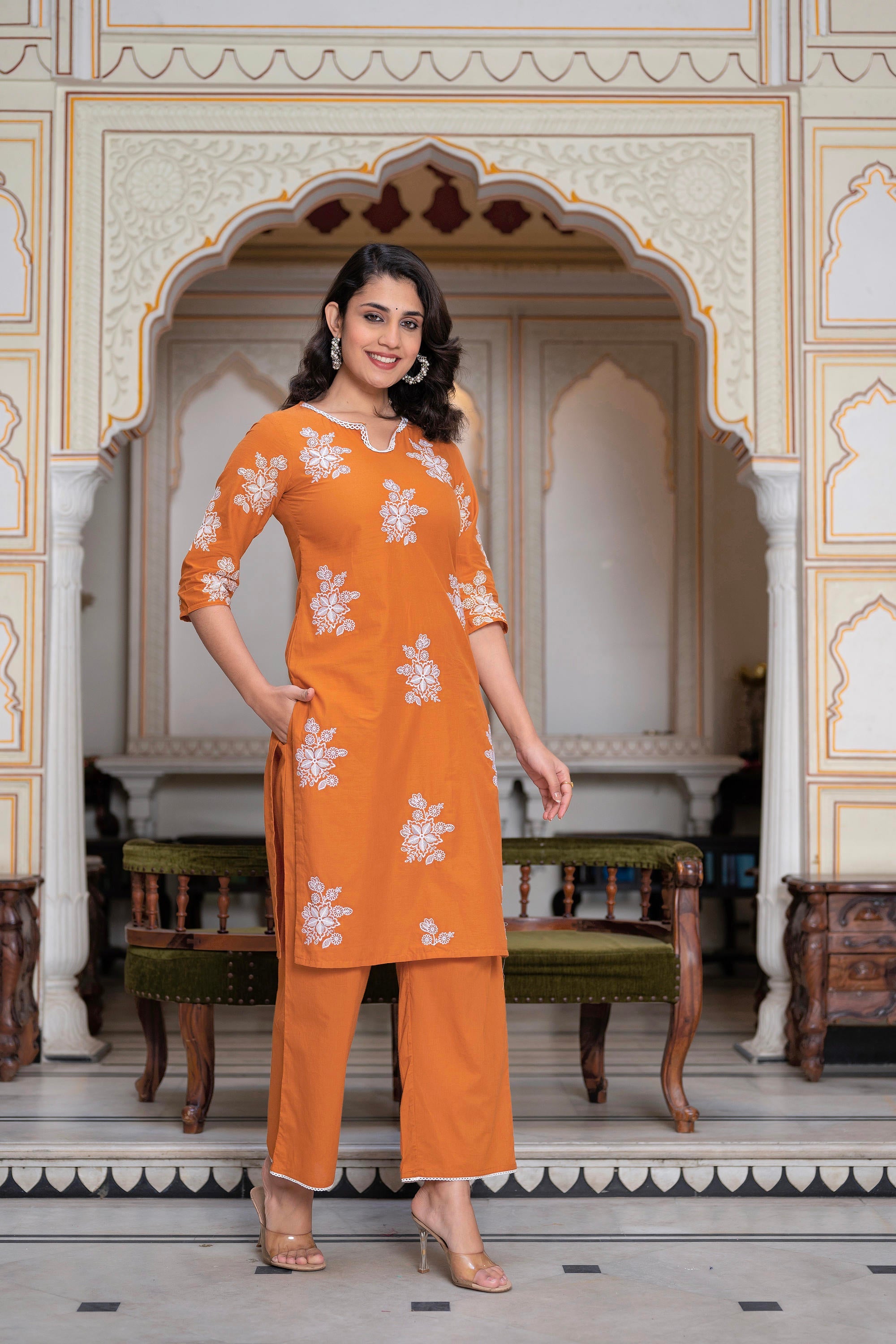 Juniper Rust Embroidered Cotton Slub Kurta-Palazzo Set with Thread Work & Cotton Lace - Distacart