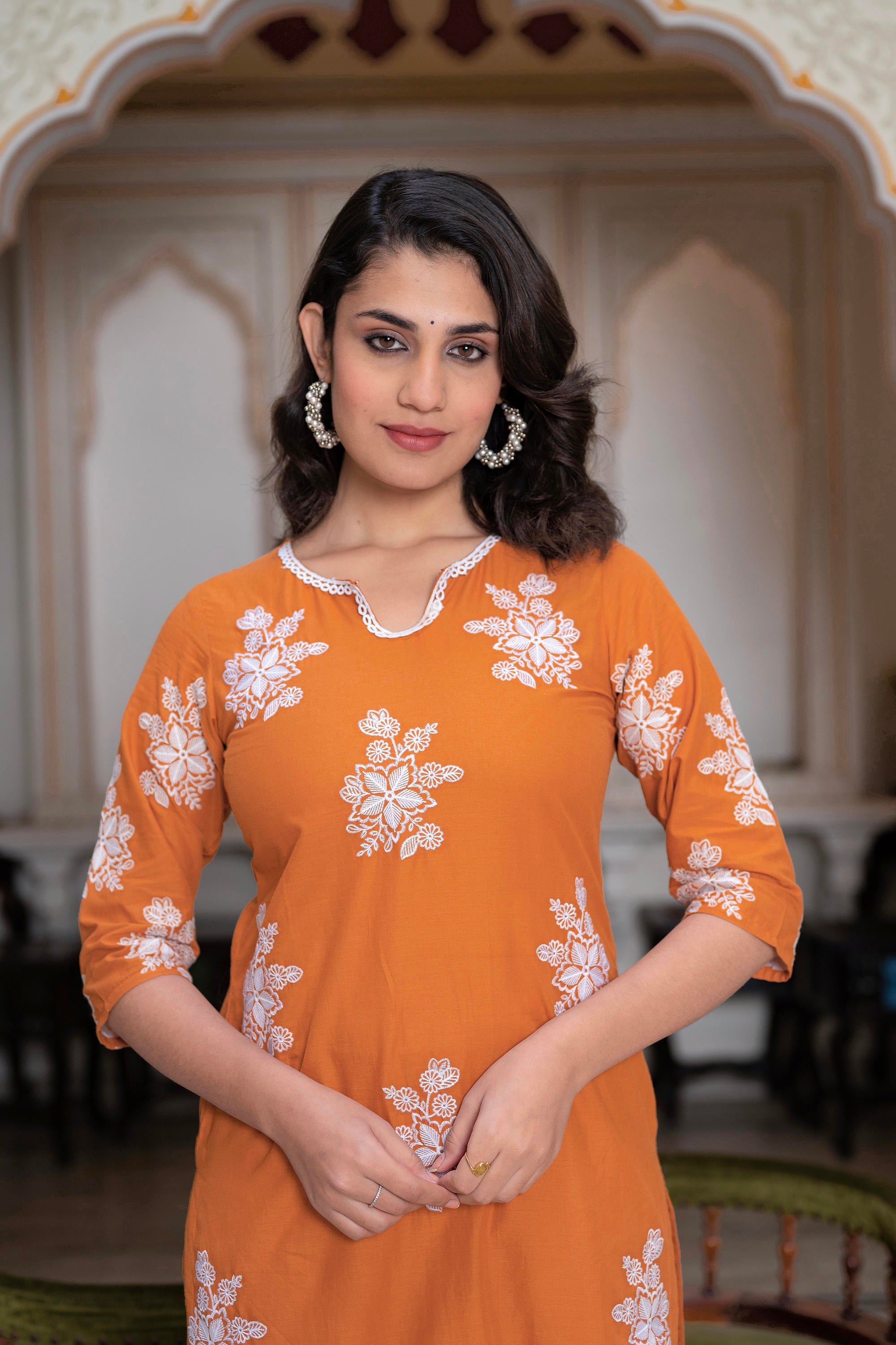 Juniper Rust Embroidered Cotton Slub Kurta-Palazzo Set With Thread Work & Cotton Lace - Distacart