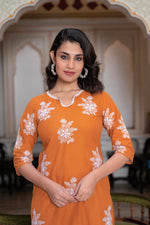 Thumbnail for Juniper Rust Embroidered Cotton Slub Kurta-Palazzo Set With Thread Work & Cotton Lace - Distacart
