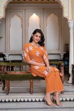 Thumbnail for Juniper Rust Embroidered Cotton Slub Kurta-Palazzo Set With Thread Work & Cotton Lace - Distacart