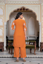 Thumbnail for Juniper Rust Embroidered Cotton Slub Kurta-Palazzo Set With Thread Work & Cotton Lace - Distacart