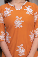 Thumbnail for Juniper Rust Embroidered Cotton Slub Kurta-Palazzo Set with Thread Work & Cotton Lace - Distacart