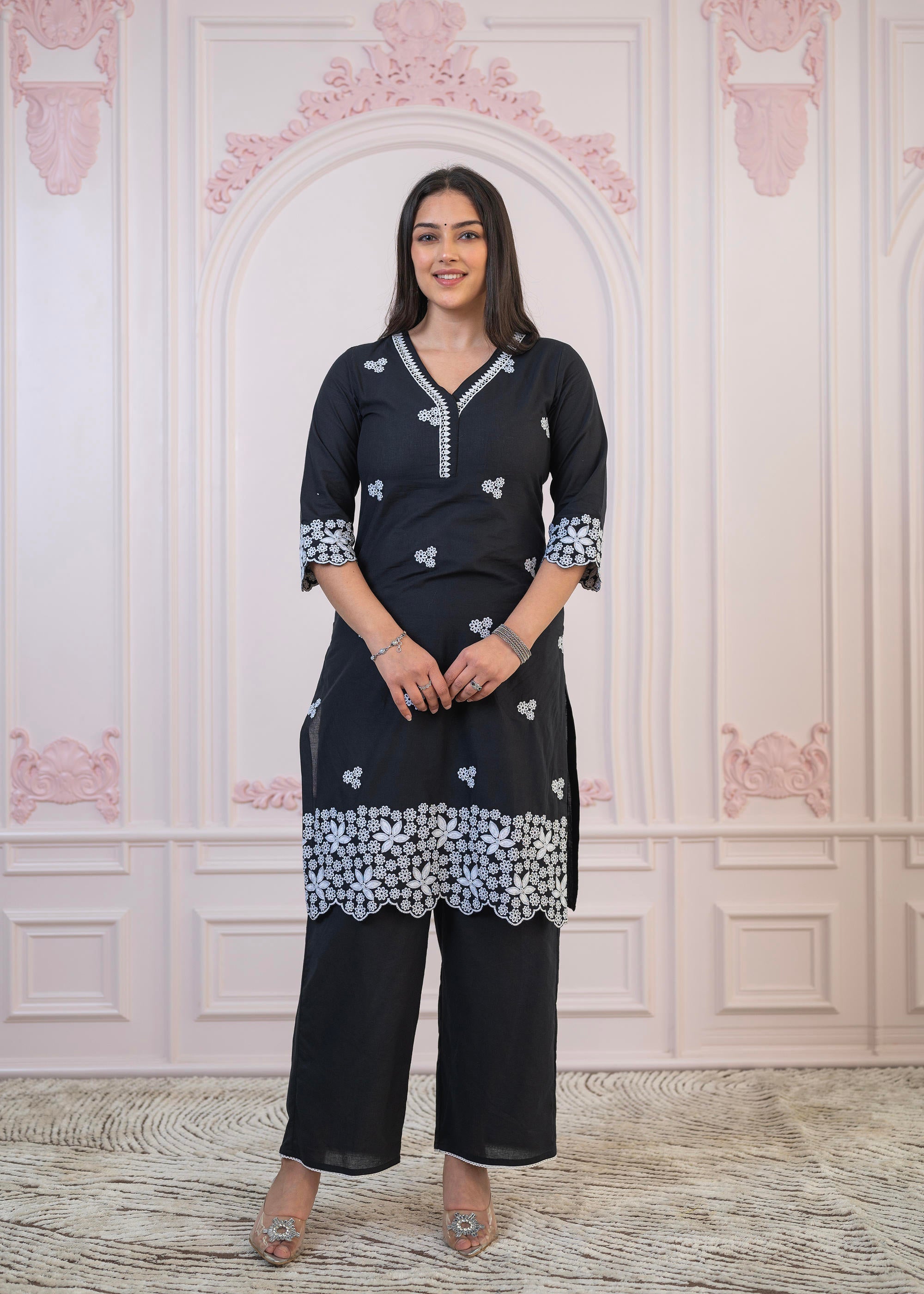 Juniper Black Floral Embroidered Cotton Slub Kurta with Palazzo & Lace - Distacart
