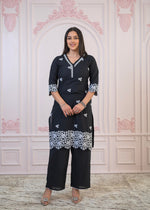 Thumbnail for Juniper Black Floral Embroidered Cotton Slub Kurta with Palazzo & Lace - Distacart