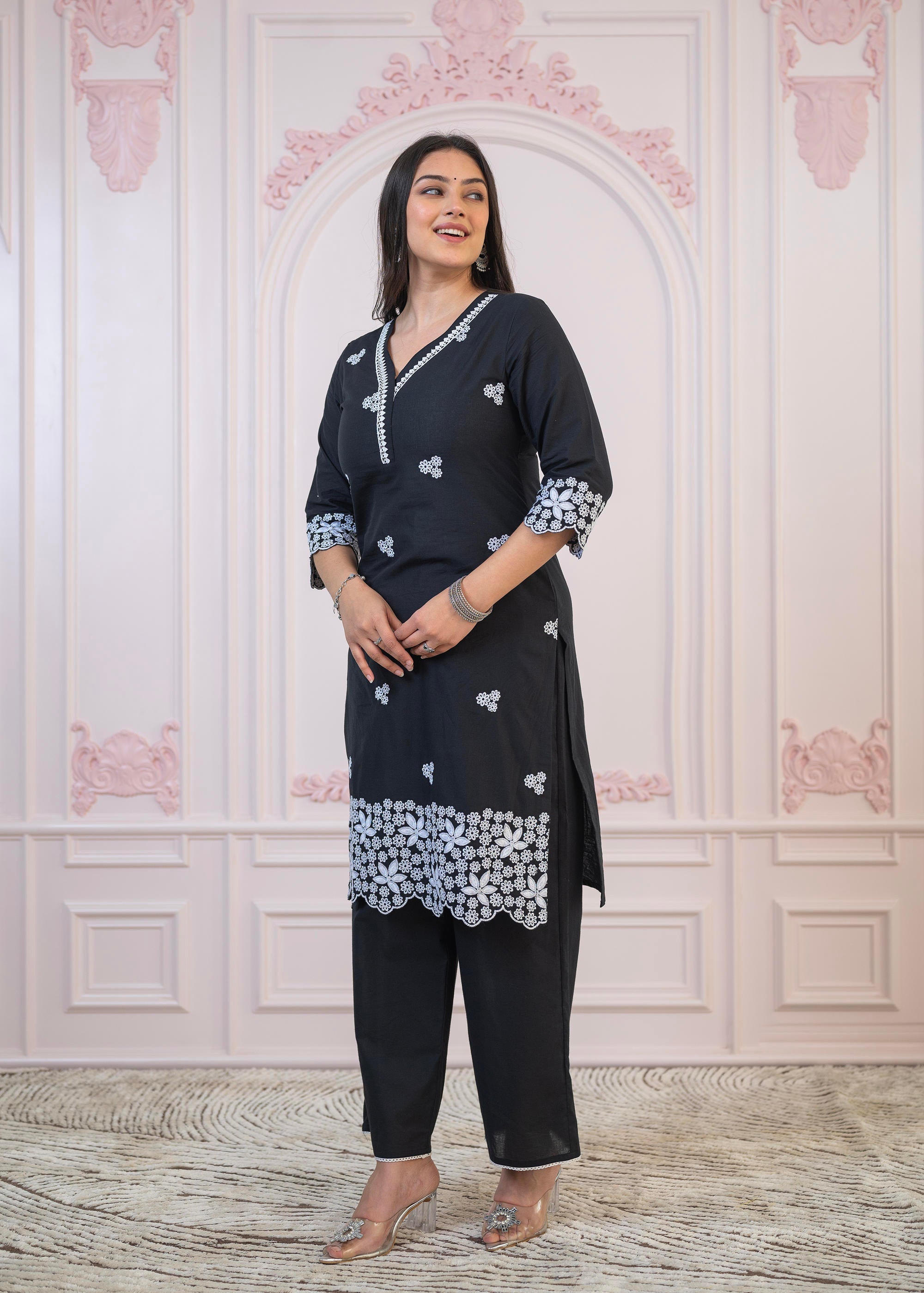 Juniper Black Floral Embroidered Cotton Slub Kurta With Palazzo & Lace - Distacart
