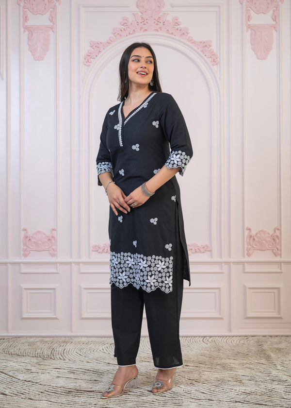 Juniper Black Floral Embroidered Cotton Slub Kurta with Palazzo & Lace - Distacart