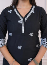 Thumbnail for Juniper Black Floral Embroidered Cotton Slub Kurta with Palazzo & Lace - Distacart