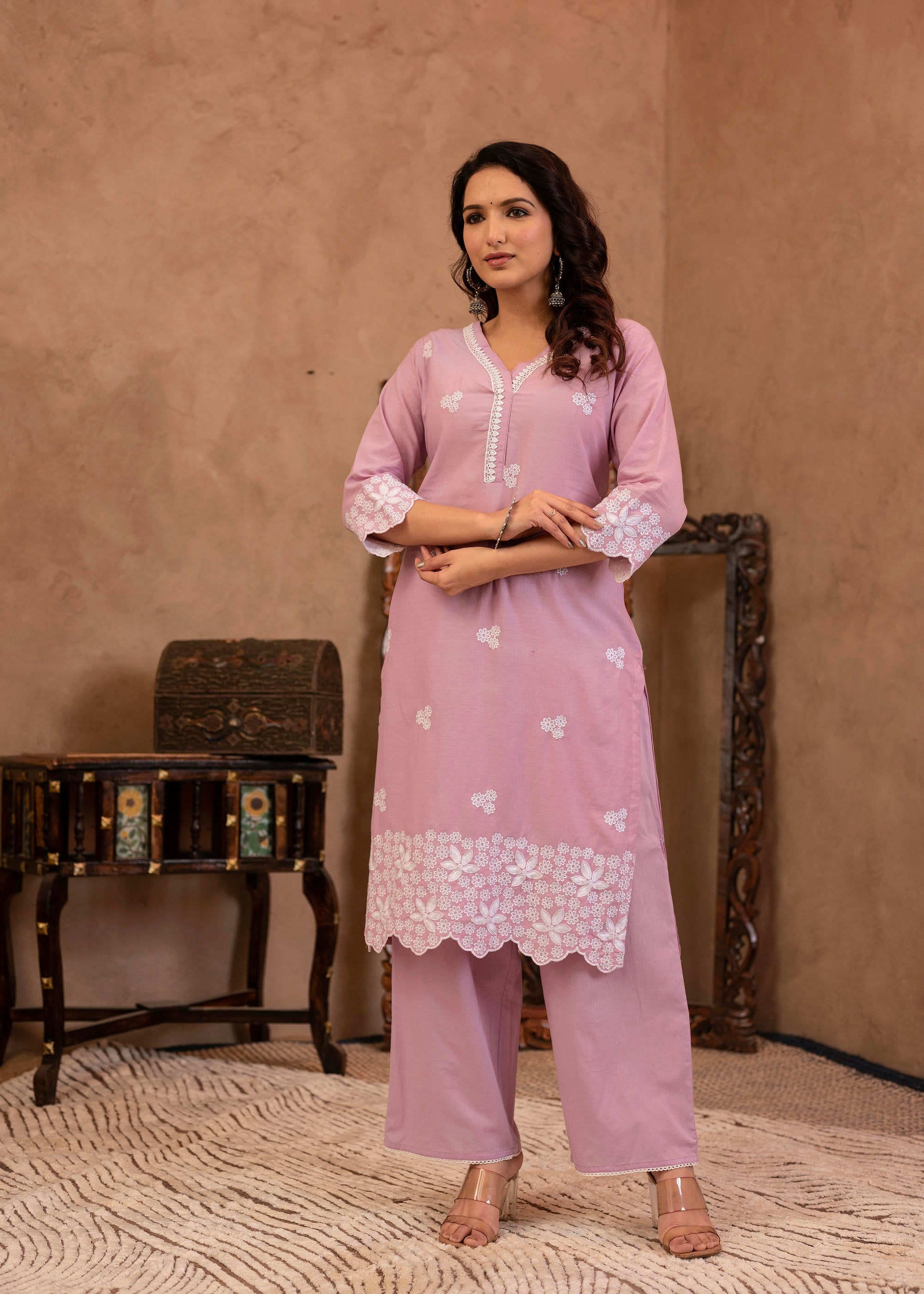 Juniper Lavender Floral Embroidered Cotton Kurta with Palazzo & Lace Work - Distacart