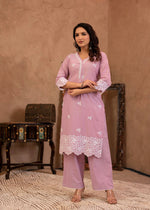 Thumbnail for Juniper Lavender Floral Embroidered Cotton Kurta with Palazzo & Lace Work - Distacart