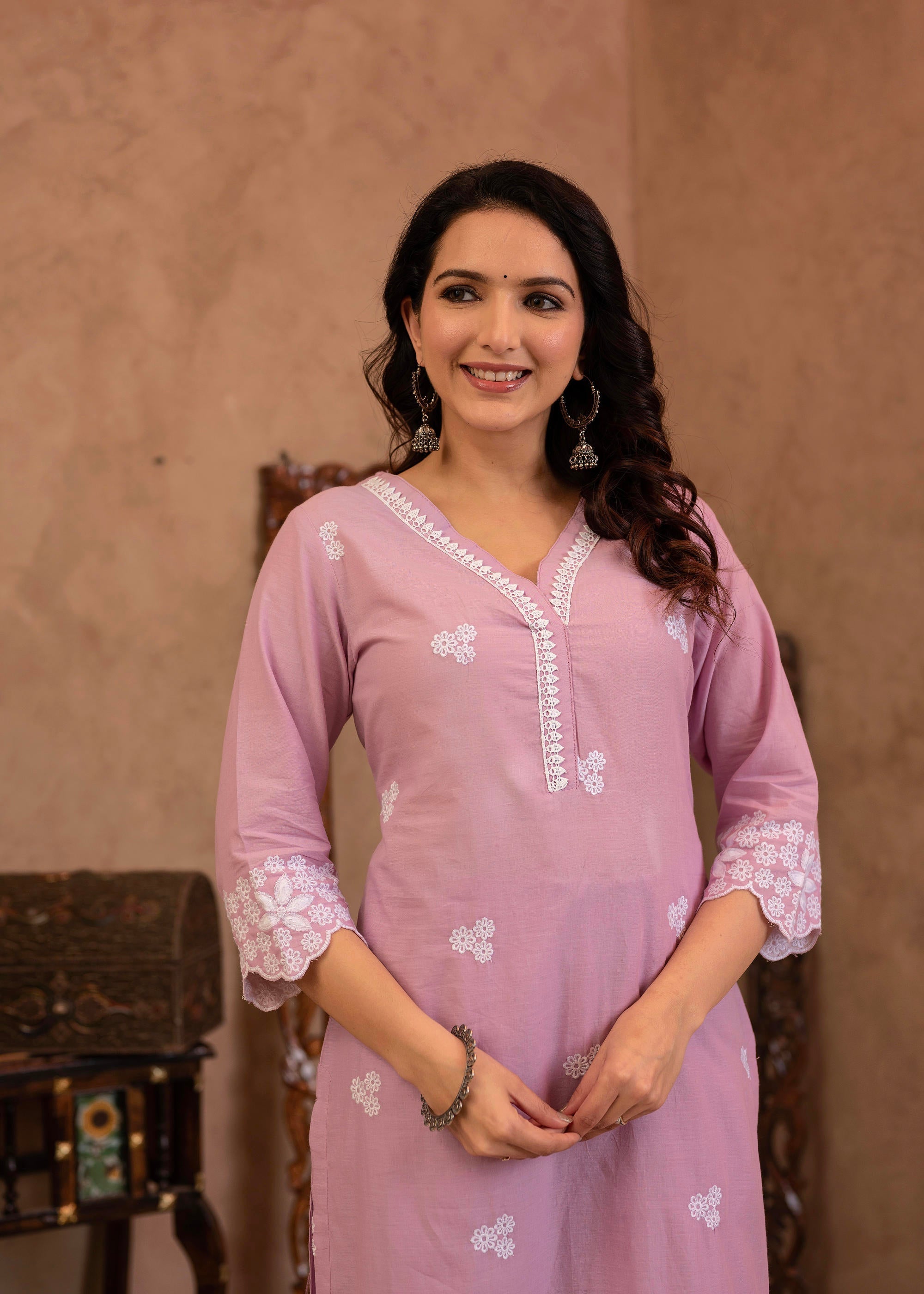 Juniper Lavender Floral Embroidered Cotton Kurta with Palazzo & Lace Work - Distacart