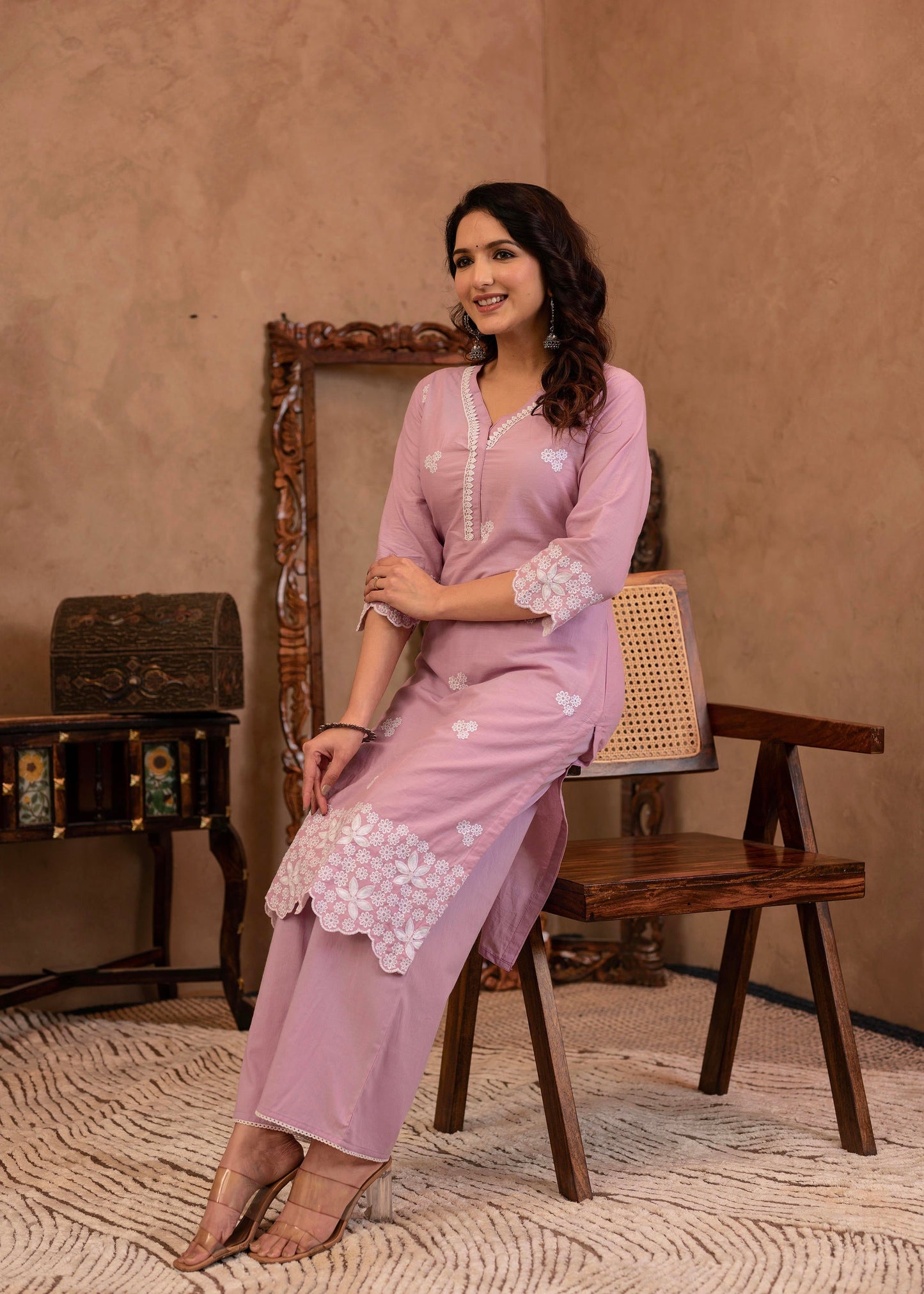Juniper Lavender Floral Embroidered Cotton Kurta with Palazzo & Lace Work - Distacart
