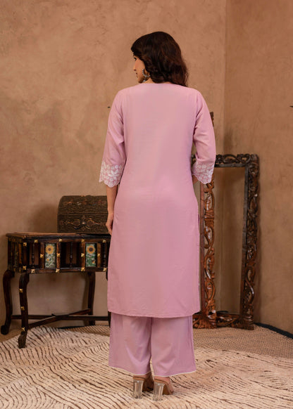 Juniper Lavender Floral Embroidered Cotton Kurta with Palazzo & Lace Work - Distacart