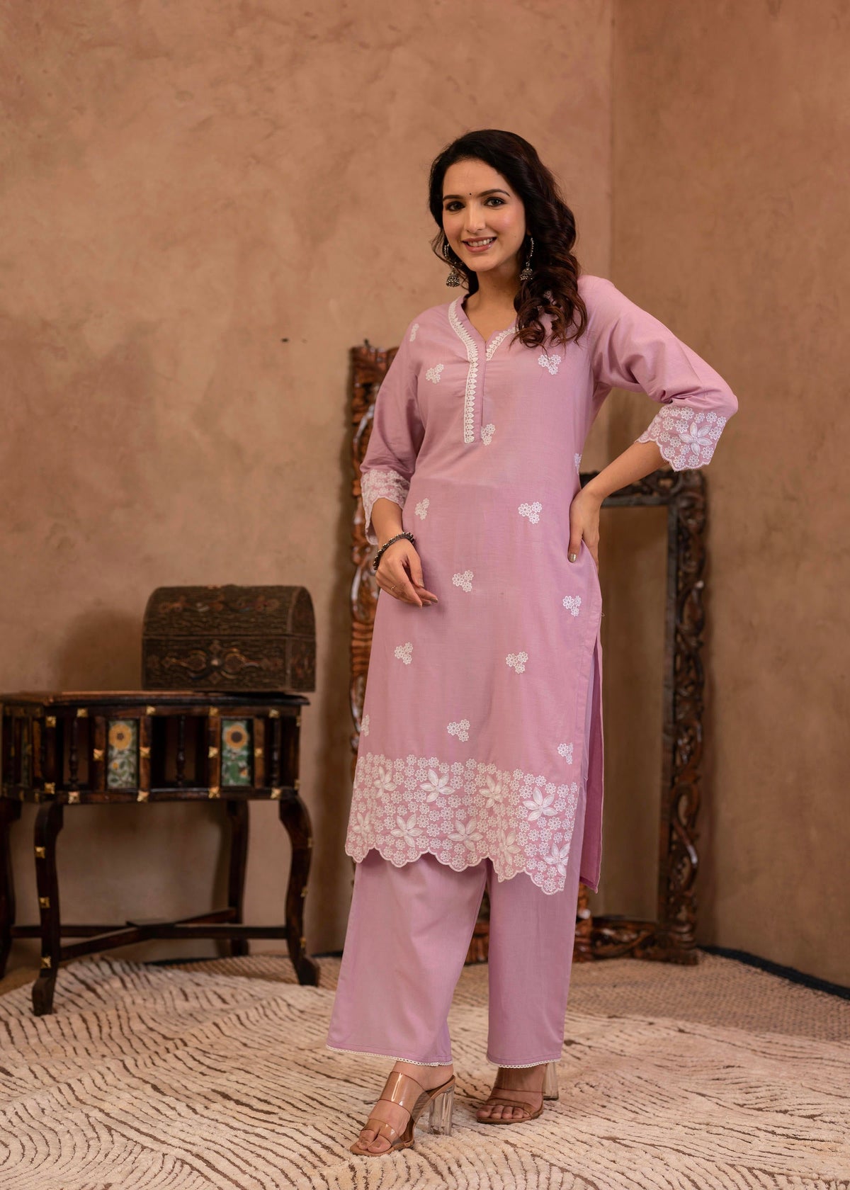 Juniper Lavender Floral Embroidered Cotton Kurta with Palazzo & Lace Work - Distacart