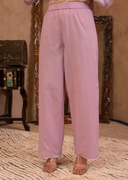 Juniper Lavender Floral Embroidered Cotton Kurta with Palazzo & Lace Work - Distacart