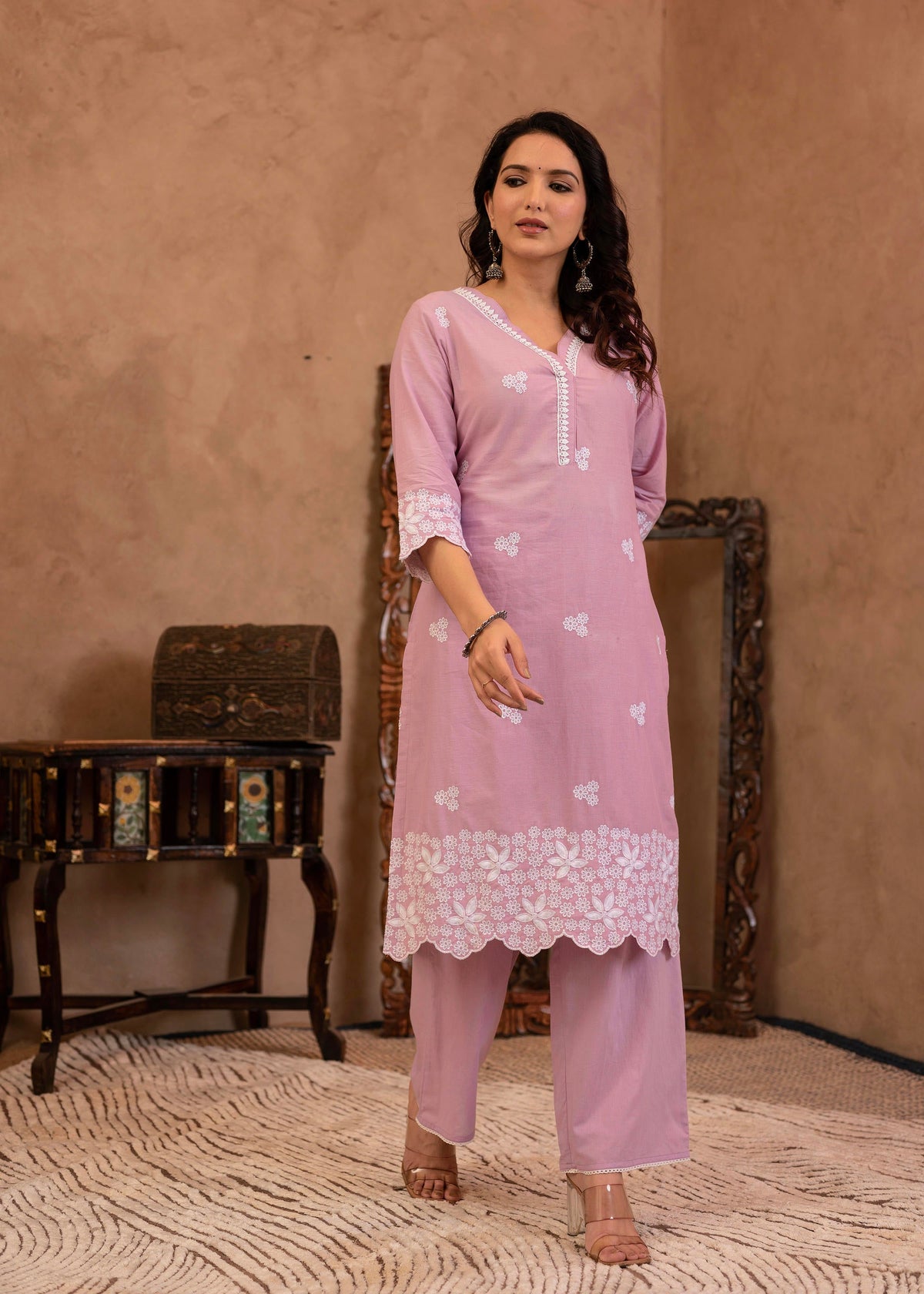 Juniper Lavender Floral Embroidered Cotton Kurta with Palazzo & Lace Work - Distacart