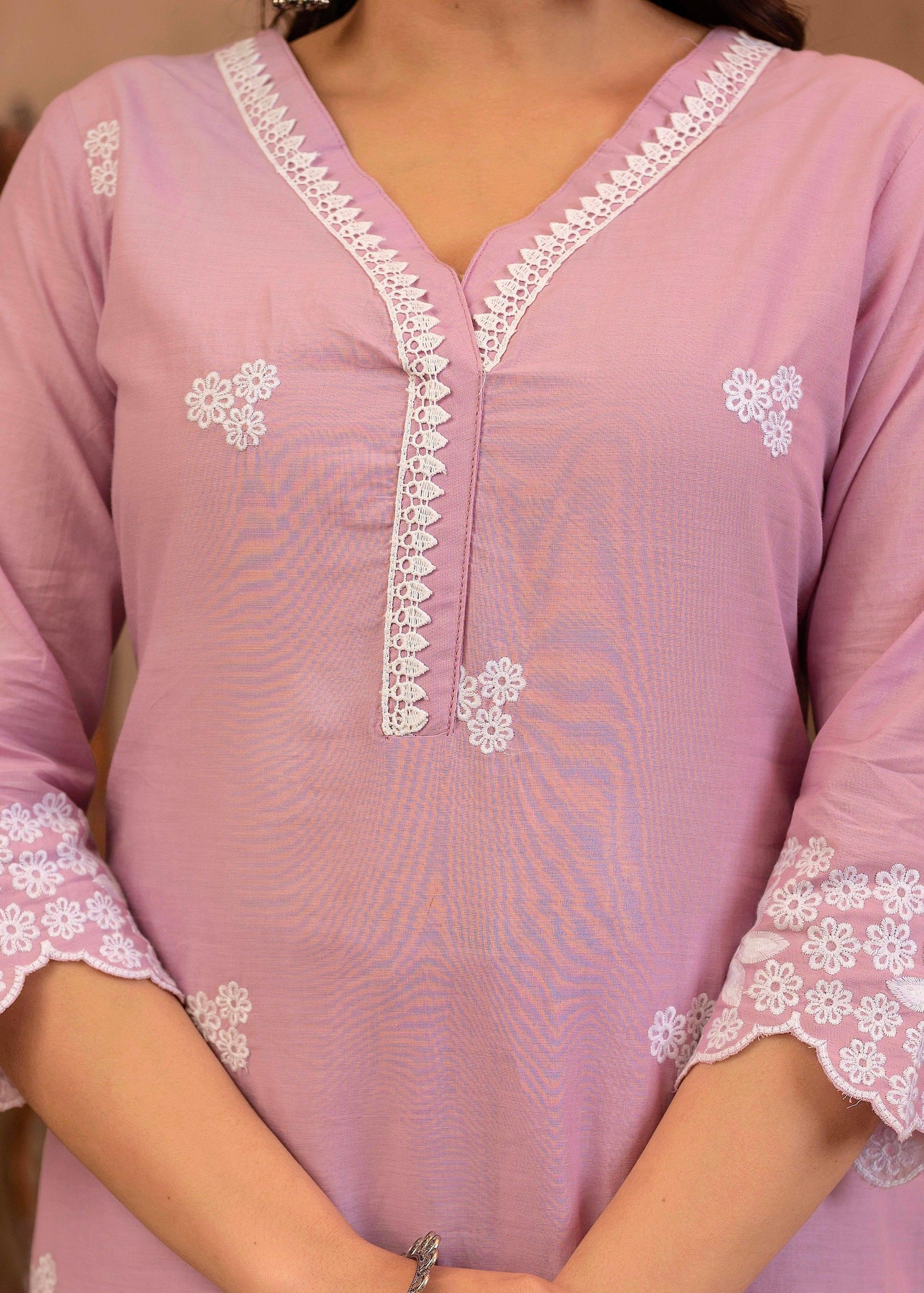 Juniper Lavender Floral Embroidered Cotton Kurta with Palazzo & Lace Work - Distacart