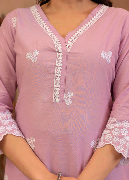 Juniper Lavender Floral Embroidered Cotton Kurta with Palazzo & Lace Work - Distacart