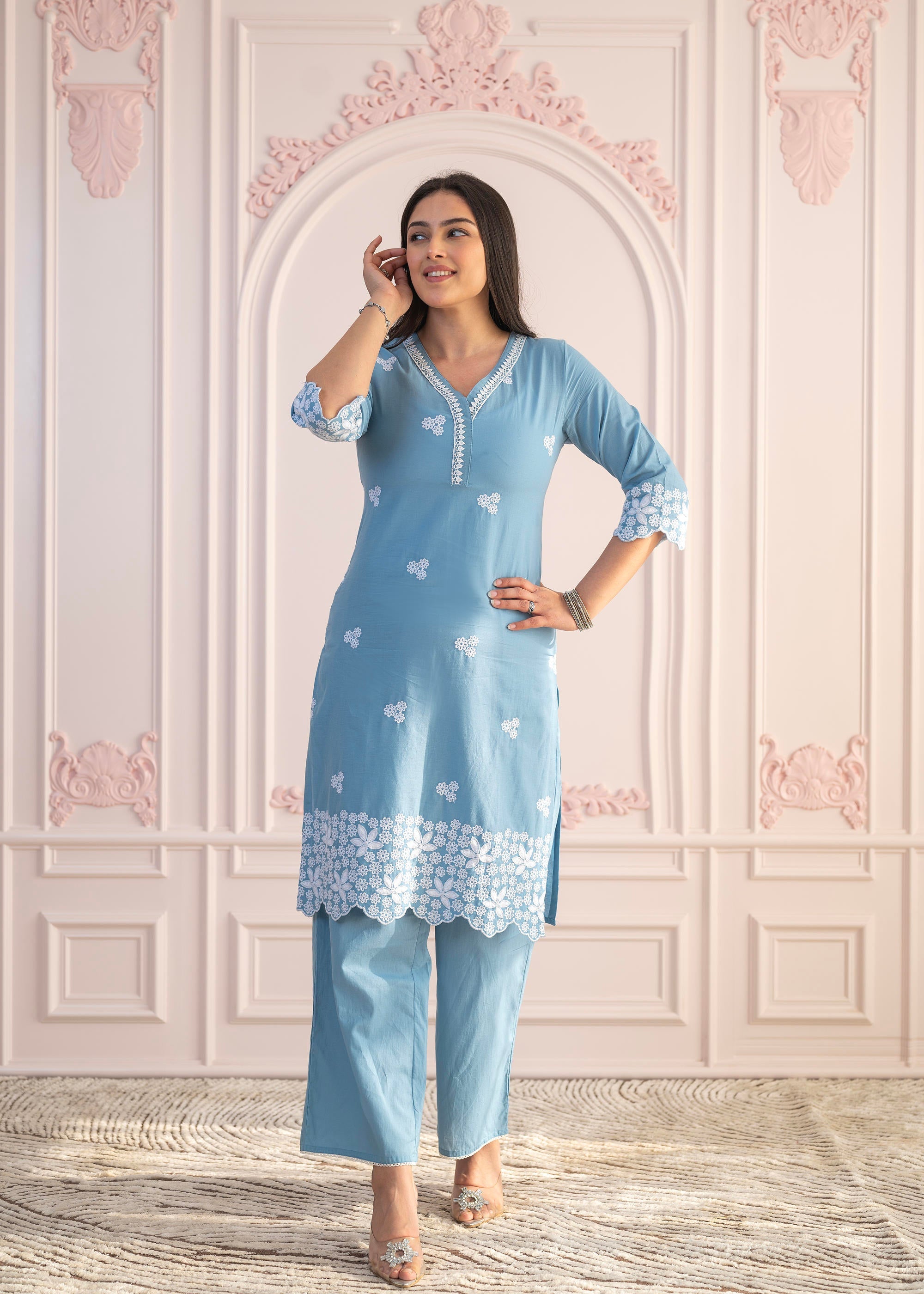 Juniper Powder Blue Embroidered Cotton Kurta with Palazzo & Lace Work - Distacart