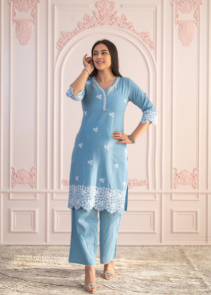 Juniper Powder Blue Embroidered Cotton Kurta with Palazzo & Lace Work - Distacart